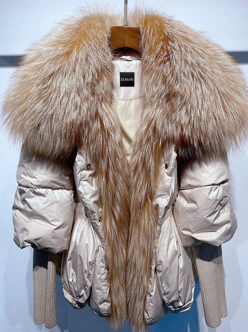 Beige Oversized Fur Collar Knit Cuff Down Puffer Jacket