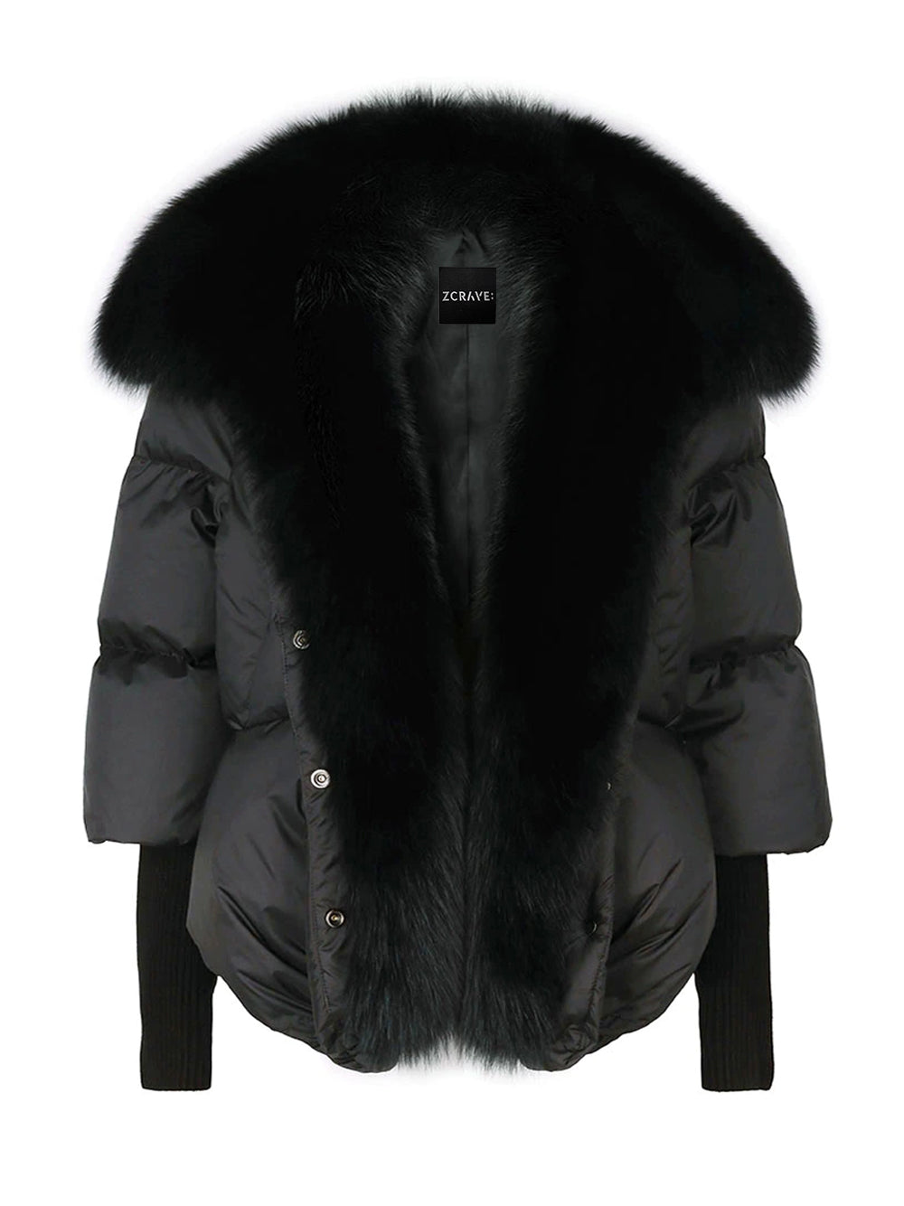 Black Fur Shawl Collar Knit Cuff Puffer Jacket