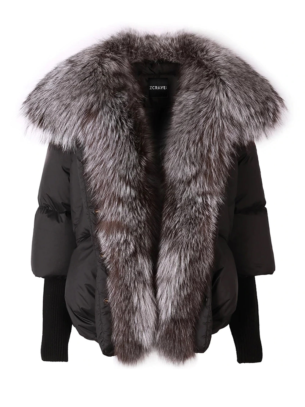 Black Gray Fur Collar Ribbed Cuff Oversized Puffer Jacket