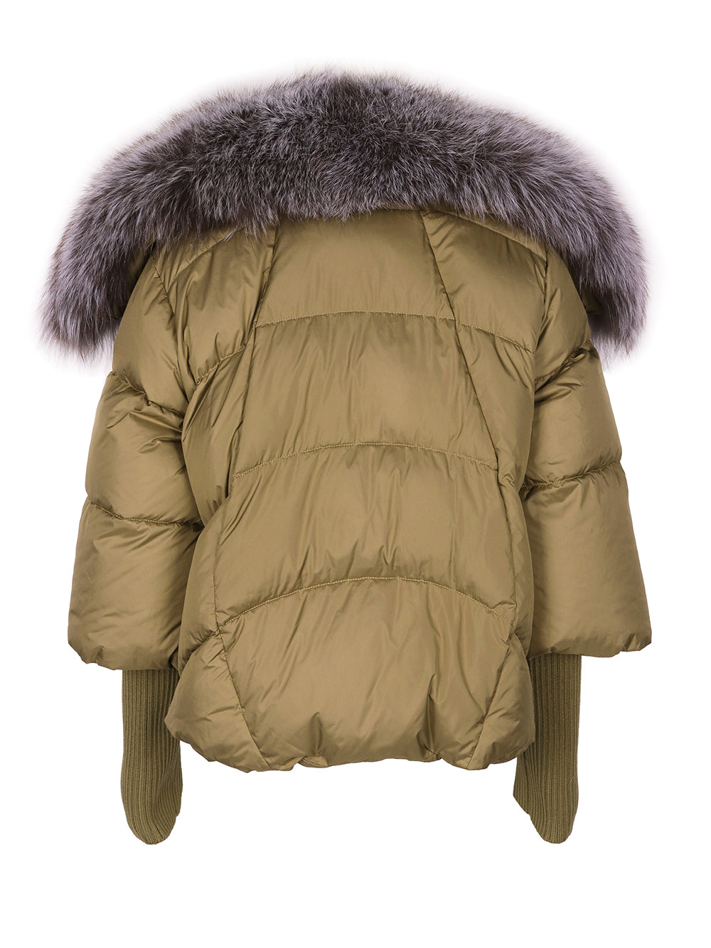 Khaki Oversized Fur Shawl Collar Ribbed Cuff Puffer Jacket