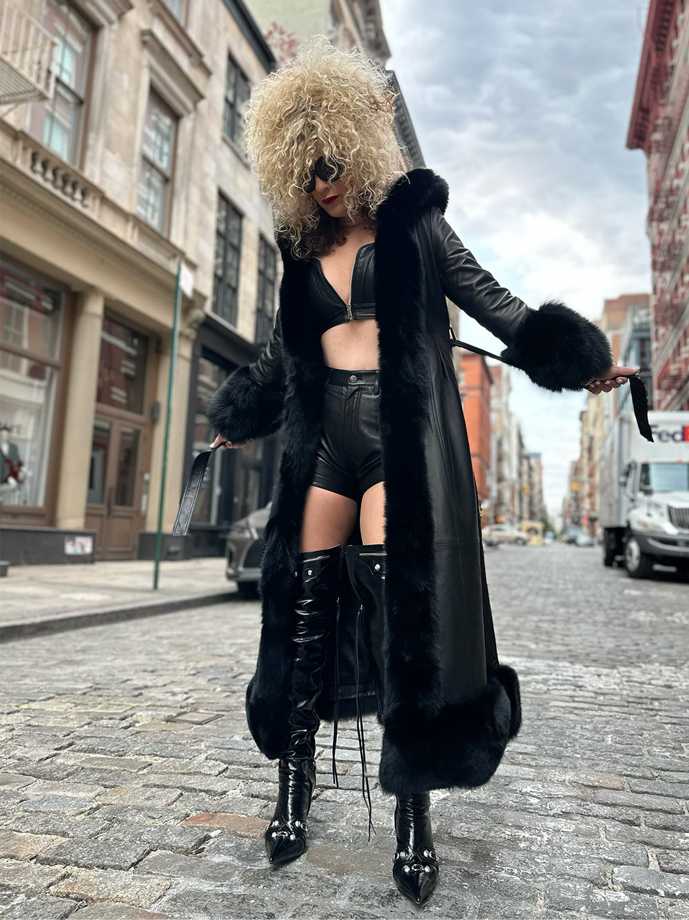 Black Faux Fur Trim Hooded Belted Leather Longline Coat 5