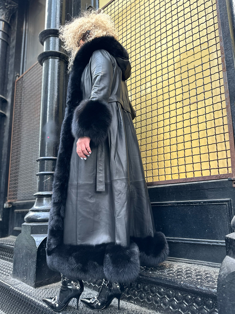 Black Faux Fur Trim Hooded Belted Leather Longline Coat 9