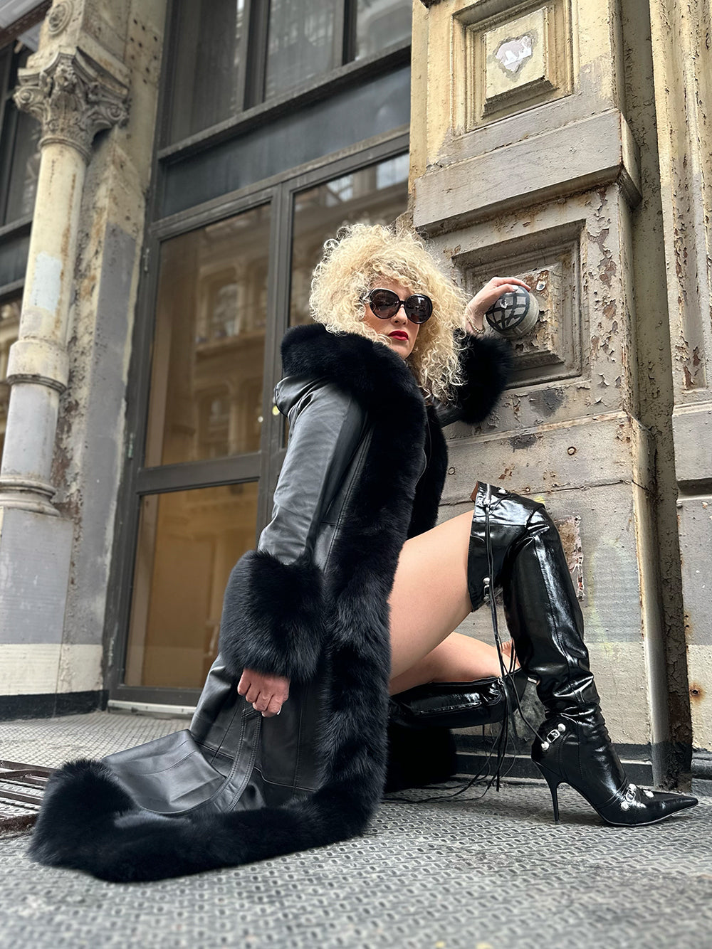 Black Faux Fur Trim Hooded Belted Leather Longline Coat 4