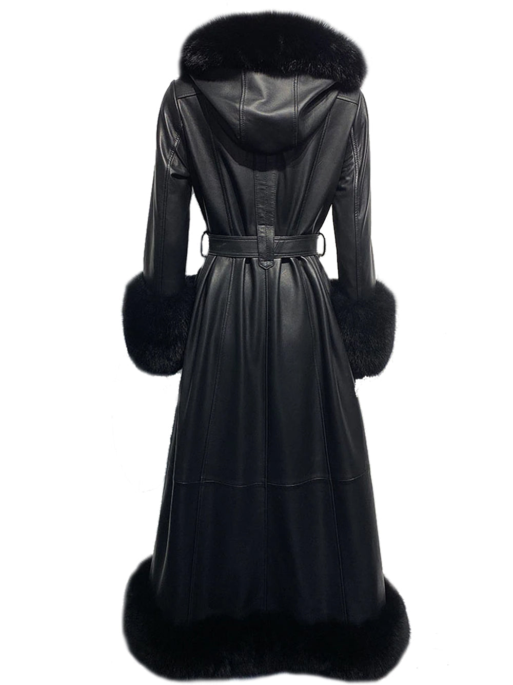 Black Faux Fur Trim Hooded Belted Leather Longline Coat 2