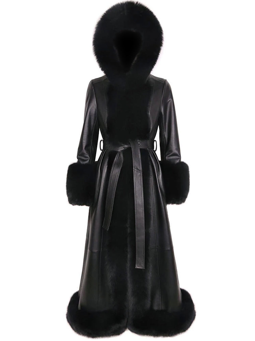 Black Faux Fur Trim Hooded Belted Leather Longline Coat