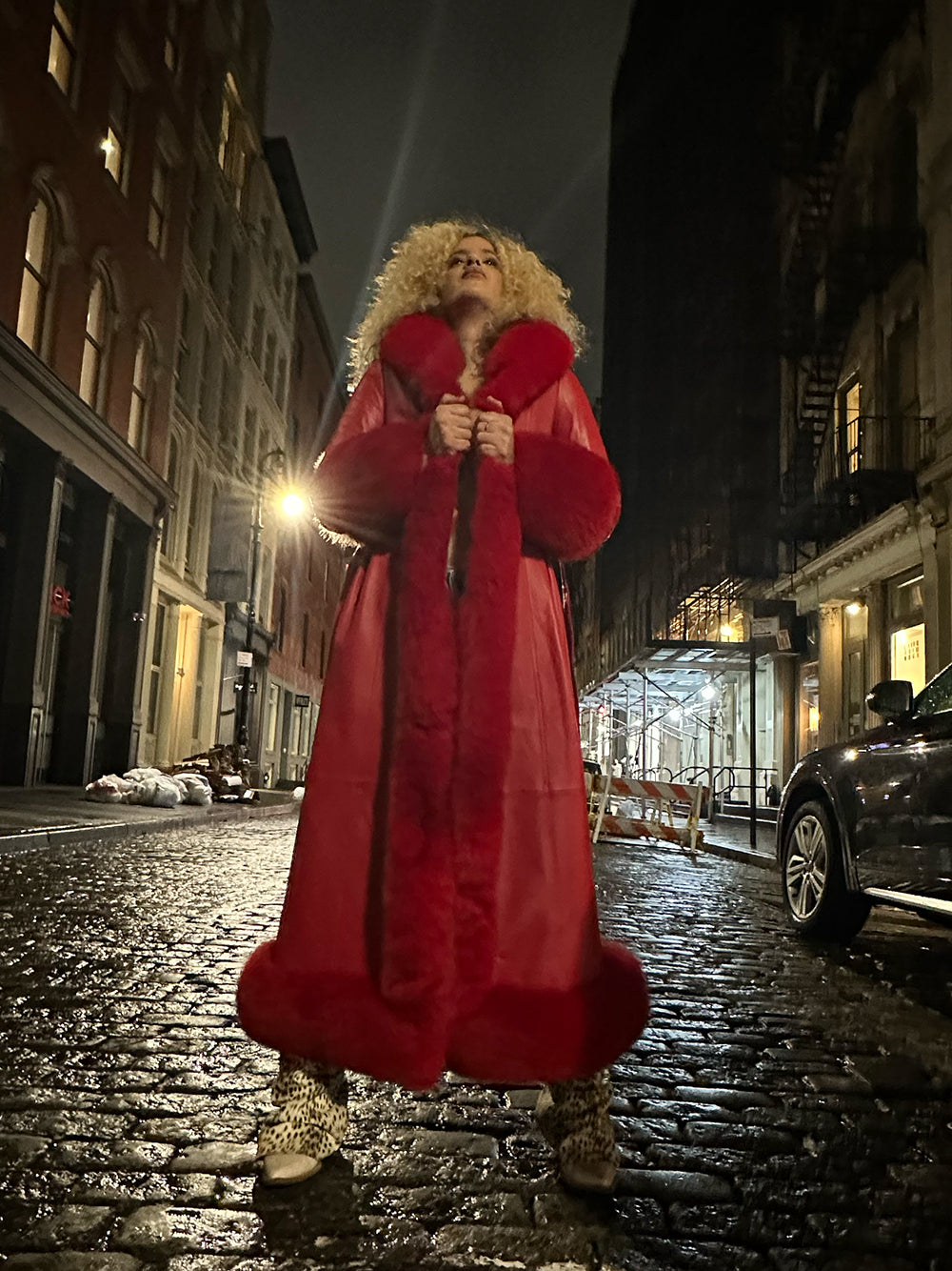 Red Faux Fur Trim Belted Leather Maxi Coat
