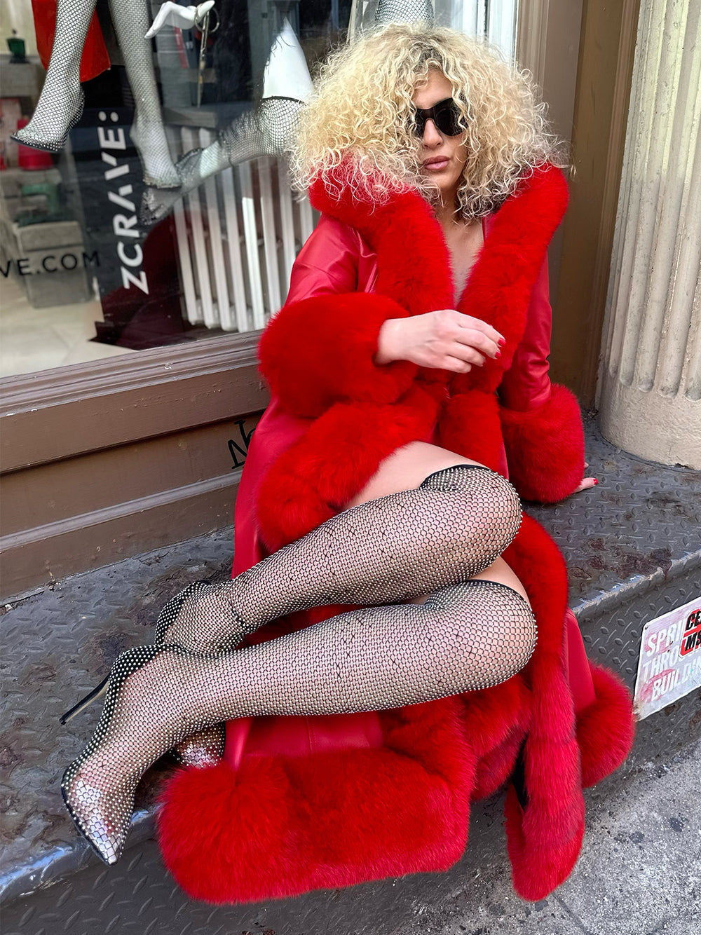 Red Faux Fur Trim Belted Leather Maxi Coat