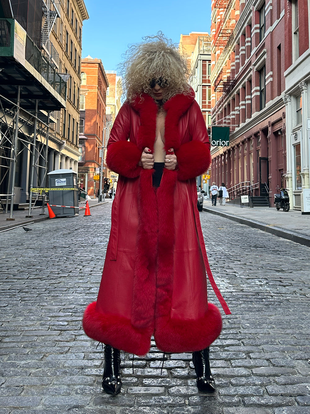 Red Faux Fur Trim Belted Leather Maxi Coat
