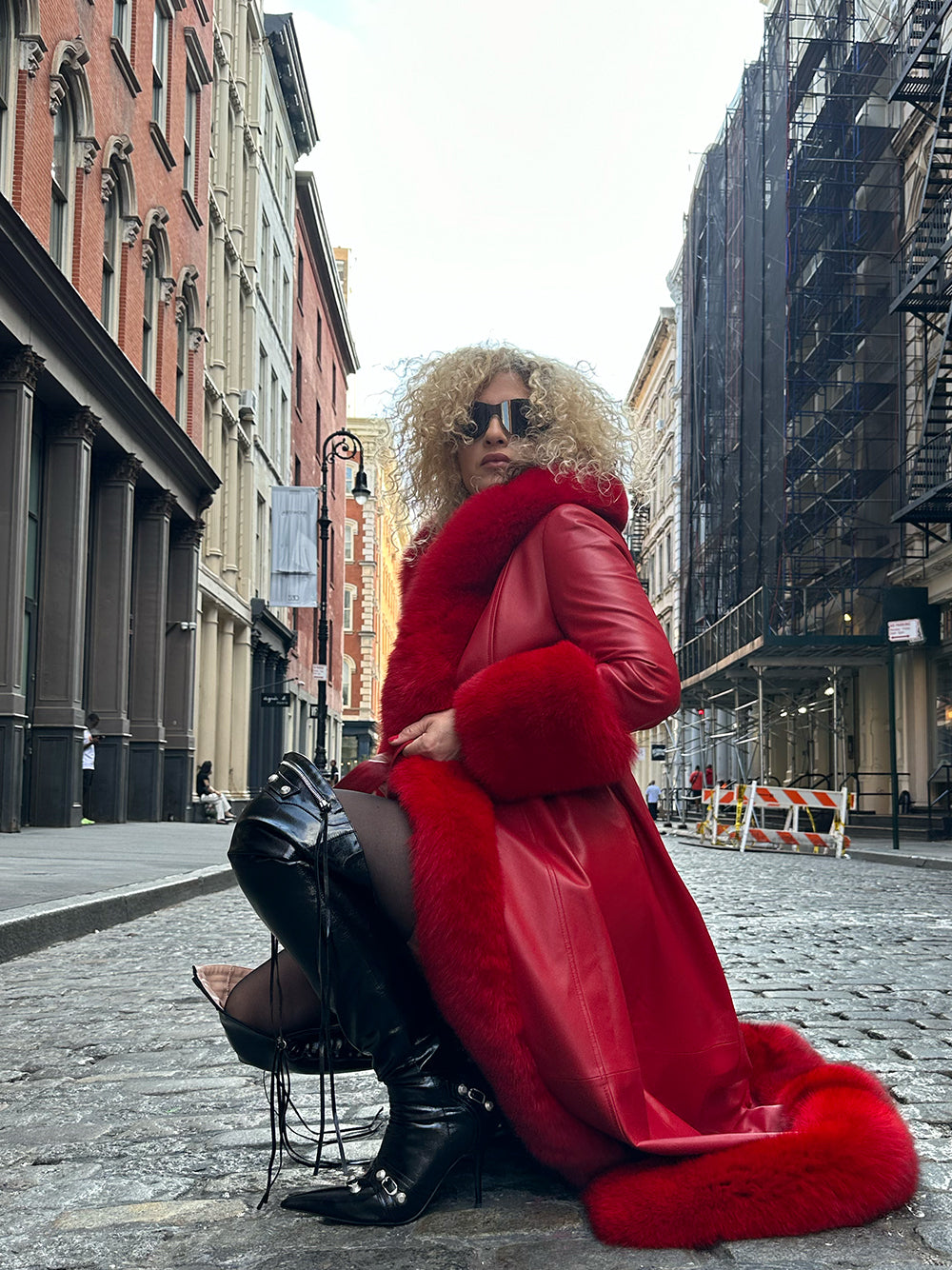 Red Faux Fur Trim Belted Leather Maxi Coat