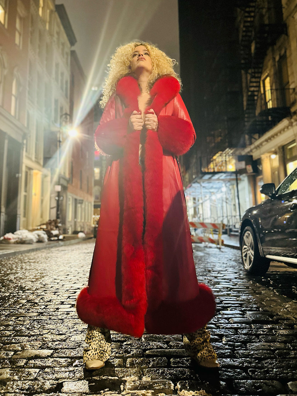 Red Faux Fur Trim Belted Leather Maxi Coat