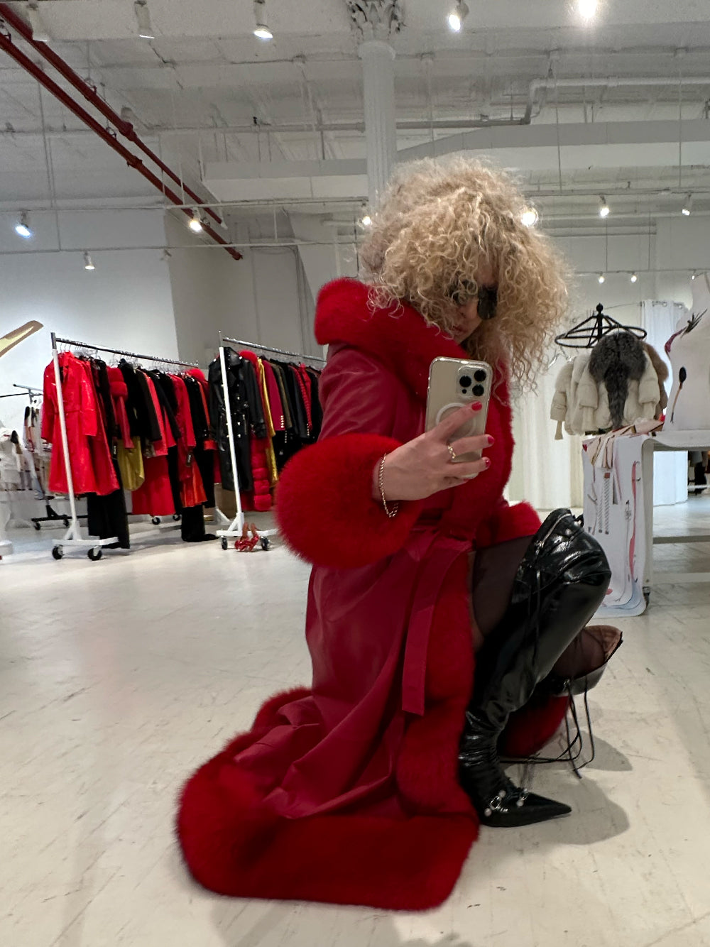 Red Faux Fur Trim Belted Leather Maxi Coat