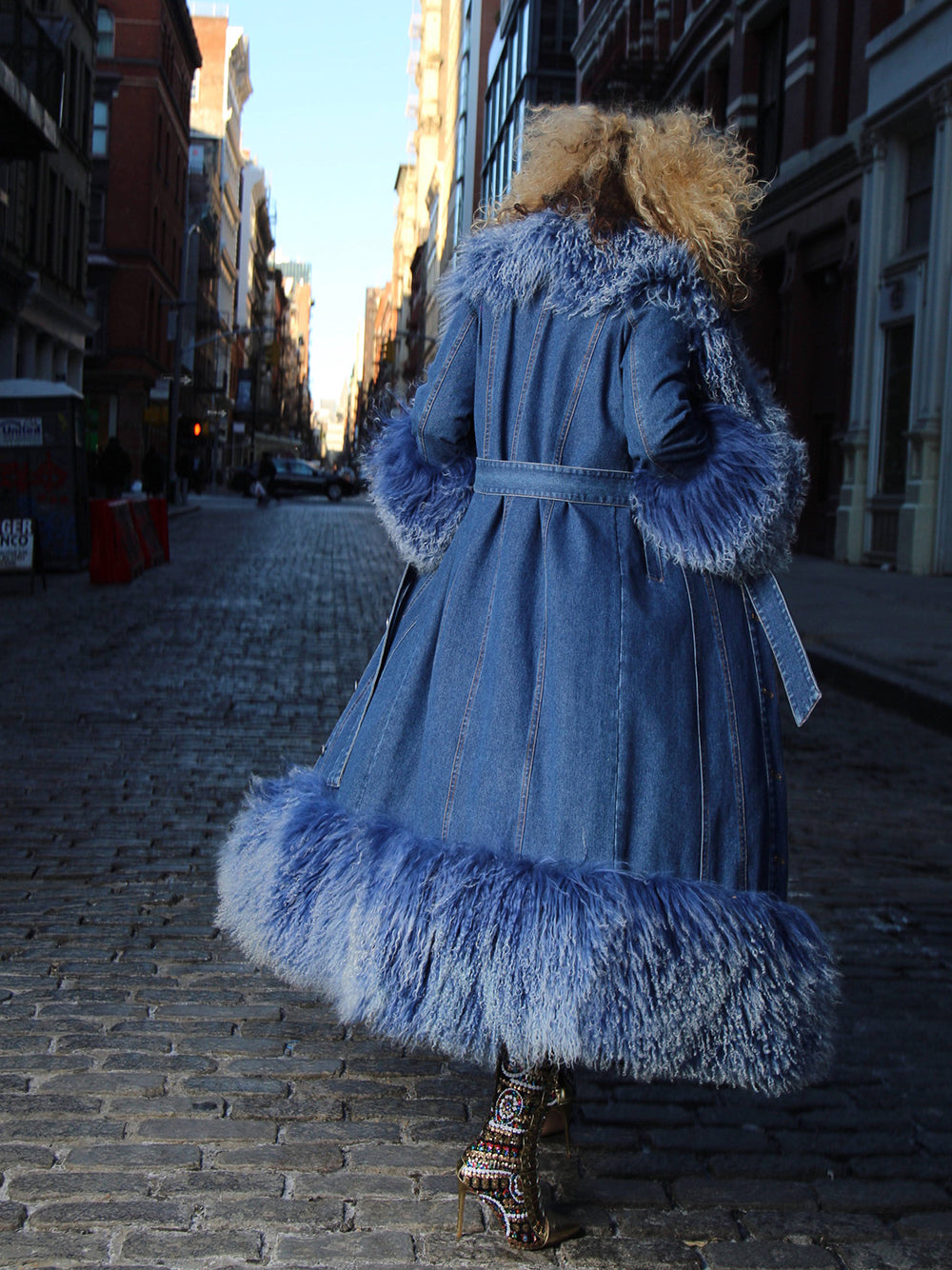 Denim Denim Shaggy Shearling Fur Collar Coat 34