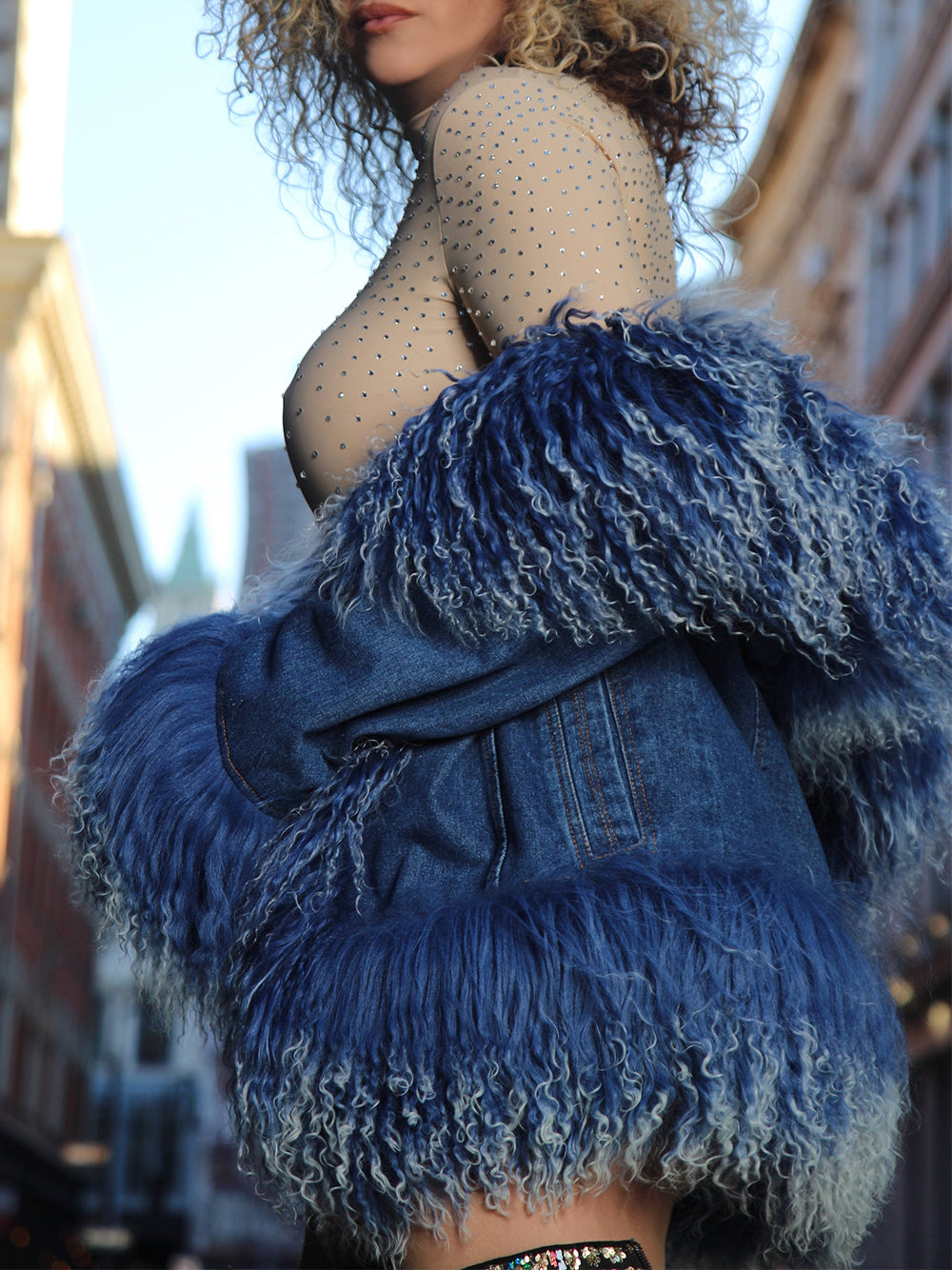 Denim Denim Shaggy Shearling Fur Trim Jacket