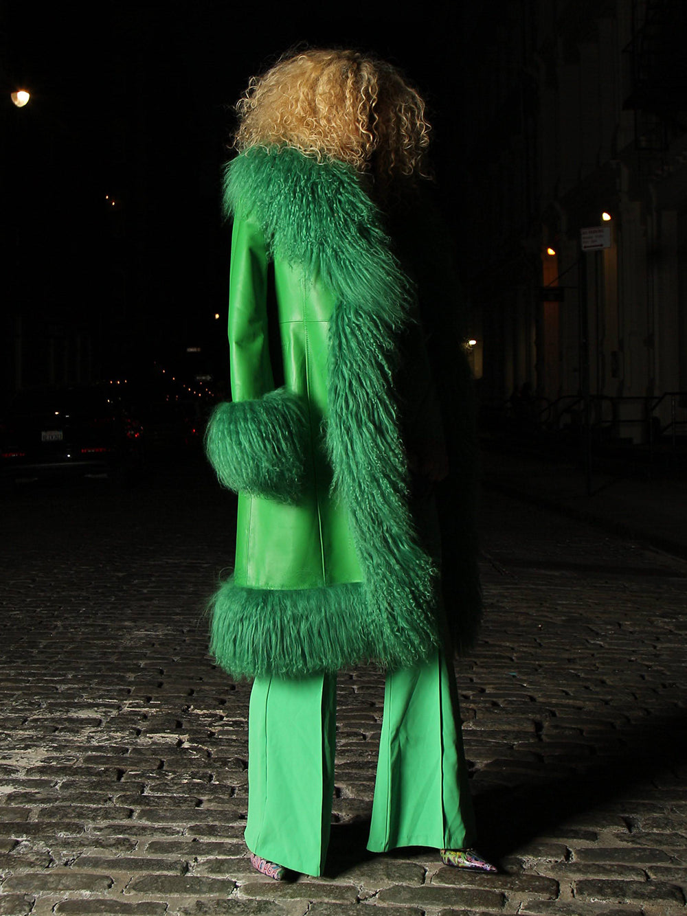 Forest Green Shawl Collar Shearling Trim Leather Longline Coat 3