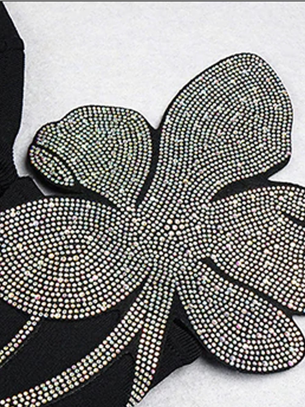 Black Off-Shoulder Rhinestone Floral Applique Long Sleeve High Slit Maxi Gown
