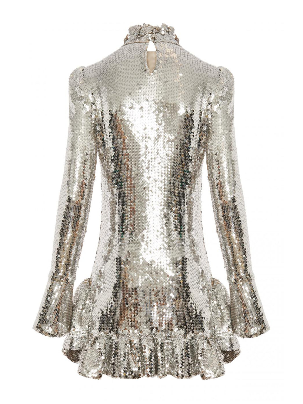 Silver High Neck Puff Sleeve Sequin Ruffle Hem A-Line Mini Dress