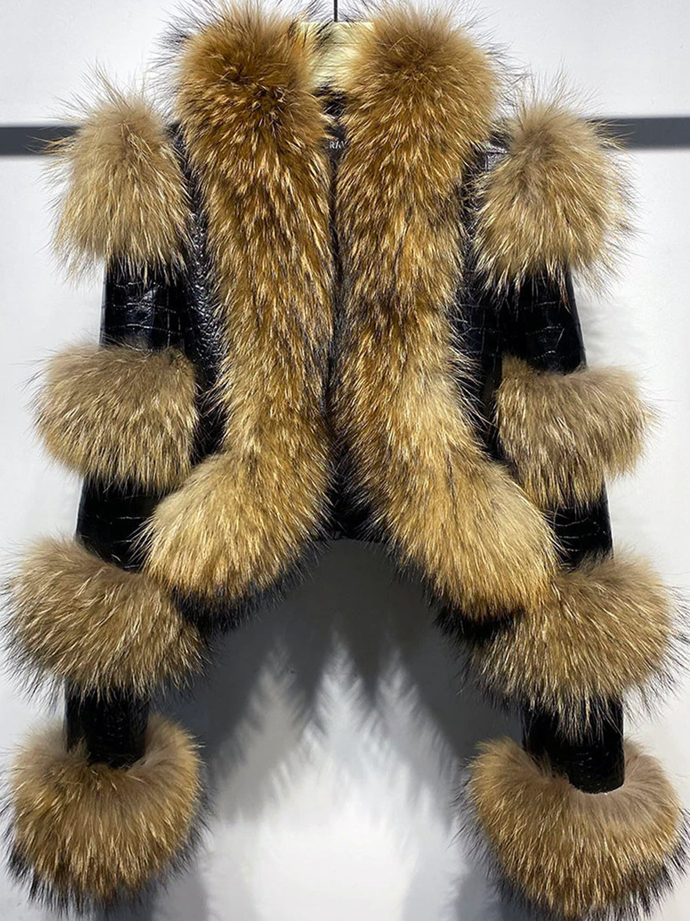 Black Brown Faux Fur Leather Panel Long Sleeve Cropped Jacket 18