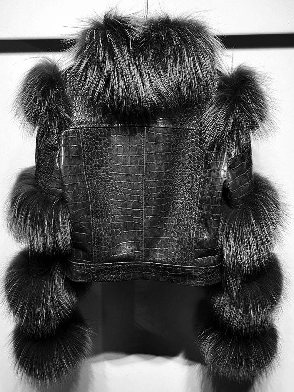 Black Fur Trim Croc Embossed Leather Cropped Jacket