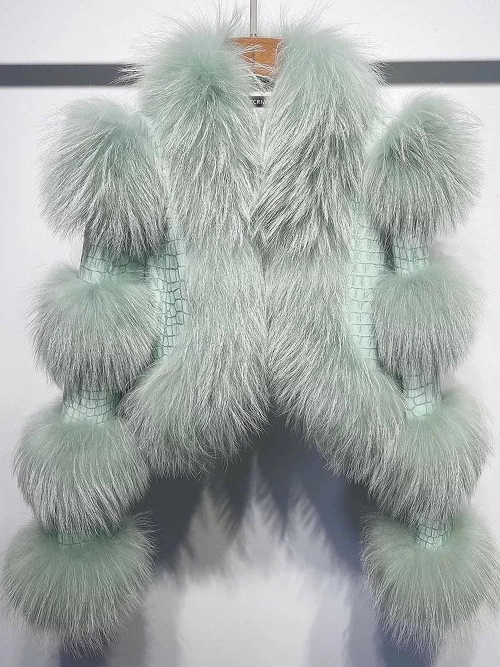 Light Green Faux Fur Trim Croc-Embossed Leather Cropped Jacket