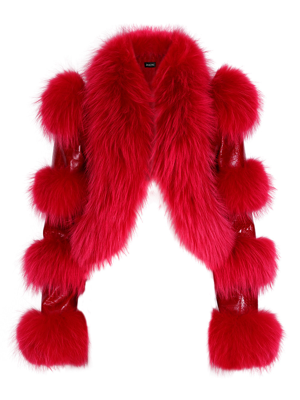 Red Fluffy Faux Fur Panel Leather Cropped Jacket