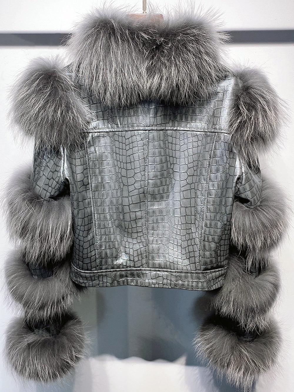 Gray Shaggy Fur Panel Leather Cropped Jacket