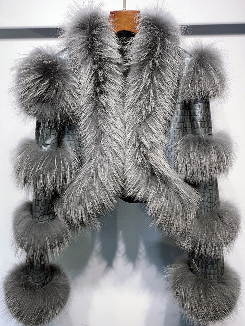 Gray Shaggy Fur Panel Leather Cropped Jacket