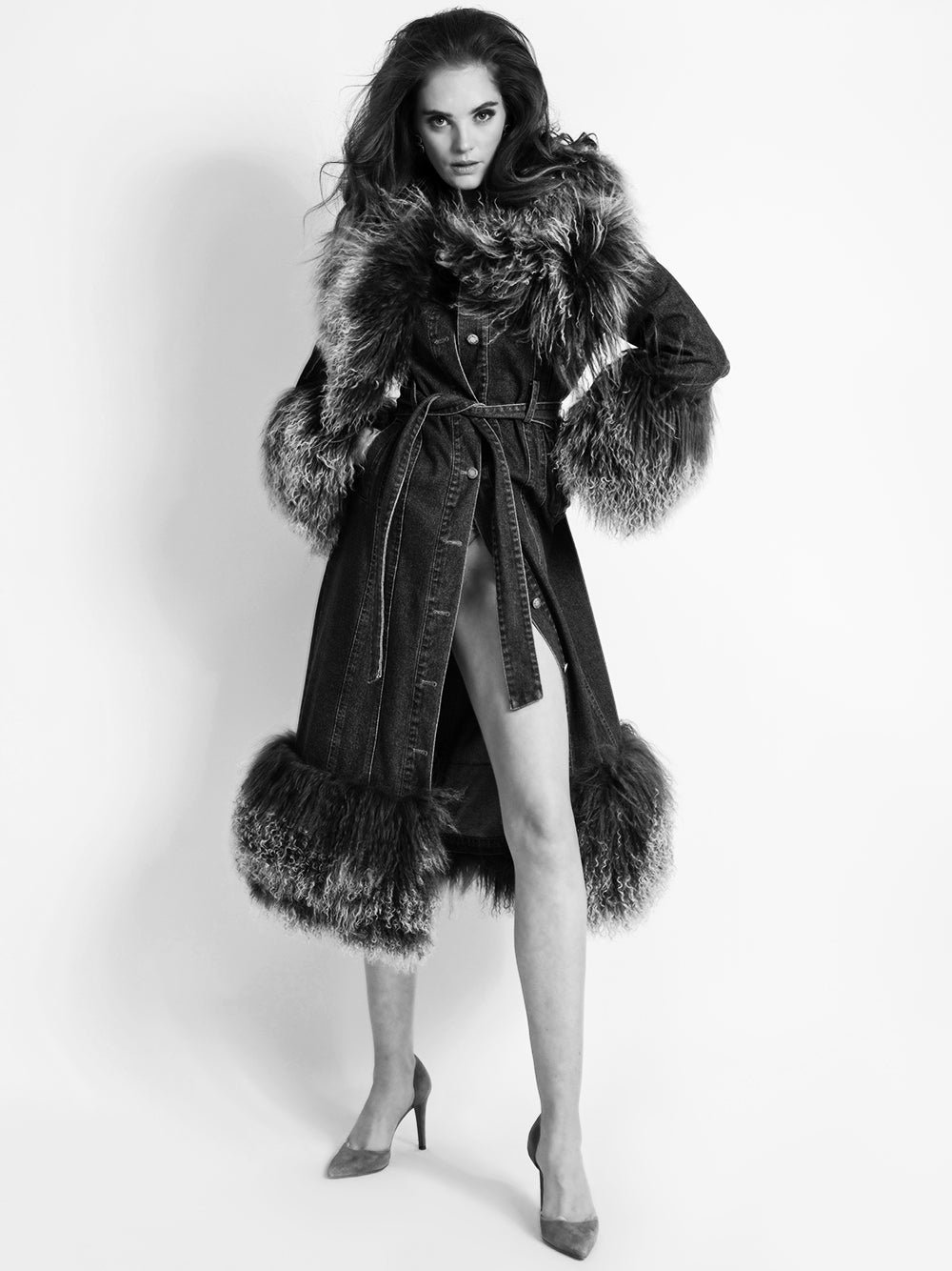 Black Shearling Fur Trim Collar Belted Longline Denim Coat 2