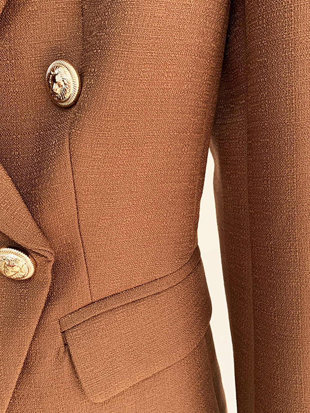 Brown Peak Lapel Double Breasted Gold Button Textured Blazer