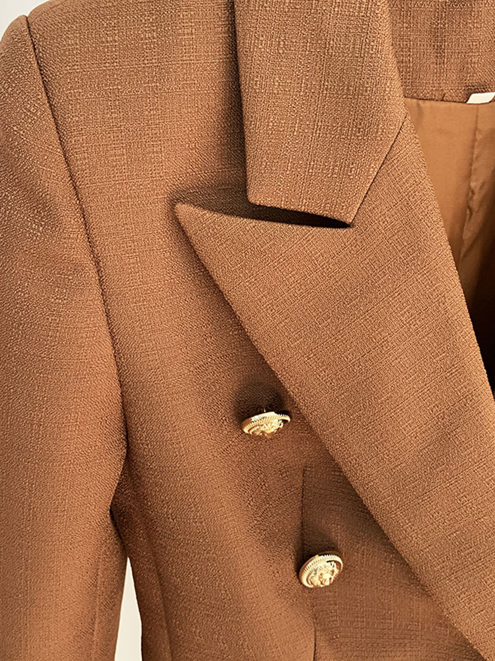 Brown Peak Lapel Double Breasted Gold Button Textured Blazer