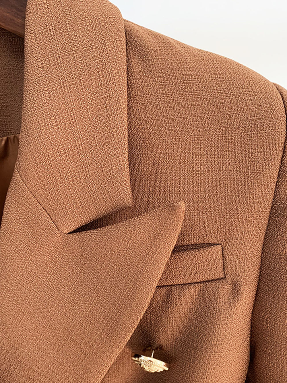 Brown Peak Lapel Double Breasted Gold Button Textured Blazer