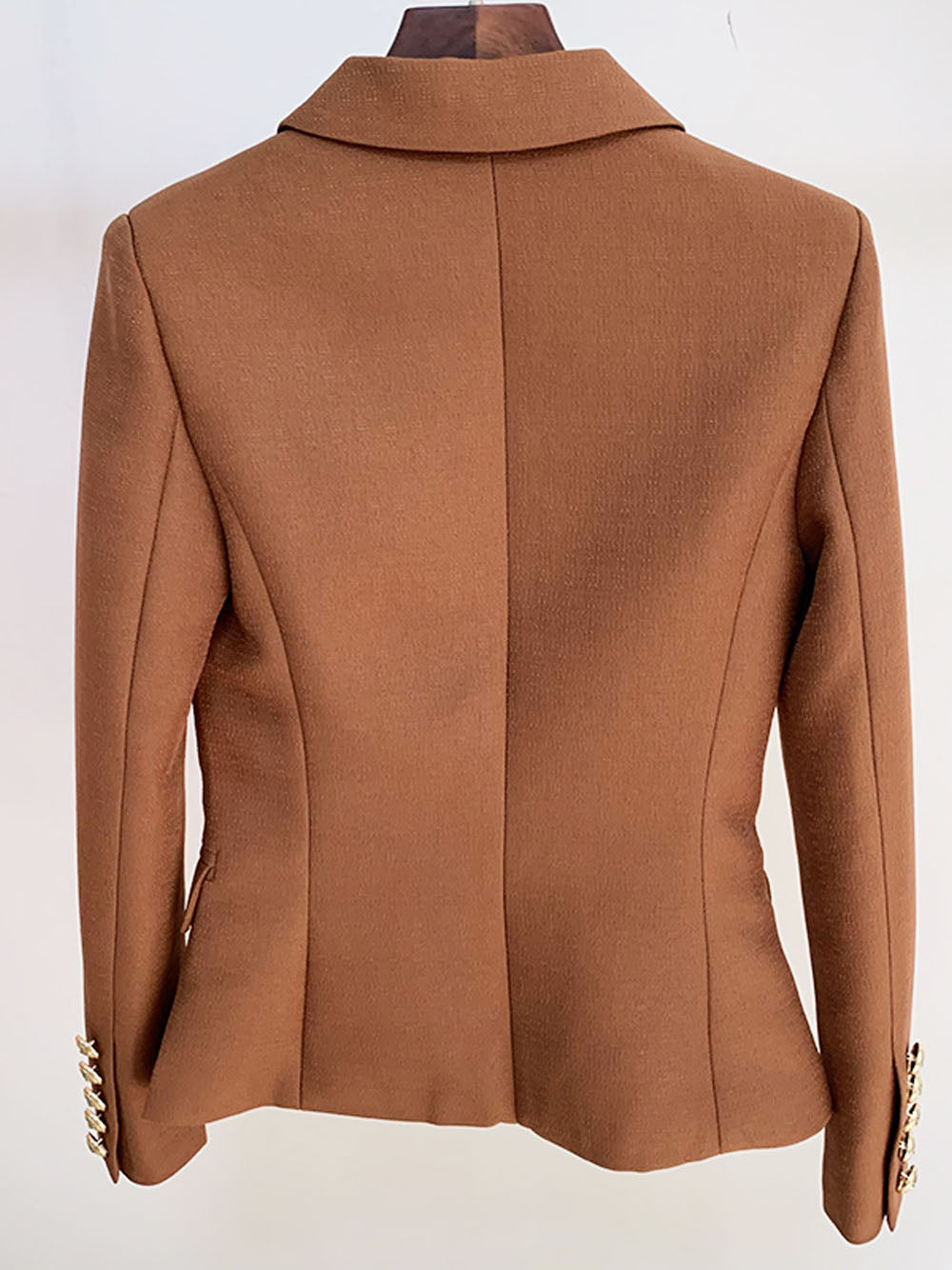 Brown Peak Lapel Double Breasted Gold Button Textured Blazer