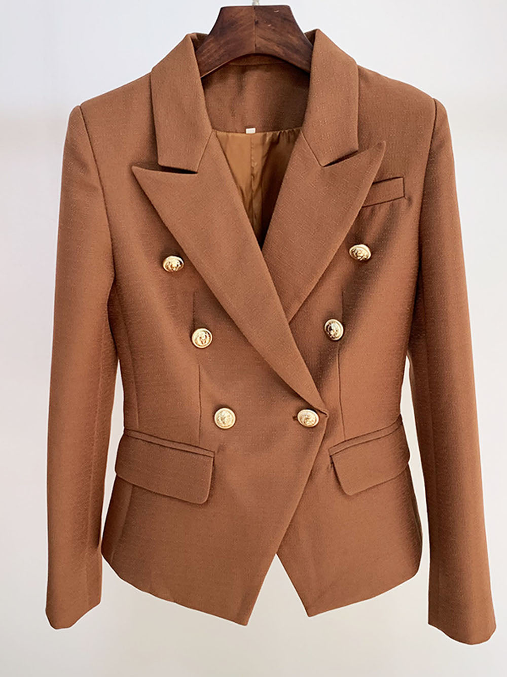 Brown Peak Lapel Double Breasted Gold Button Textured Blazer