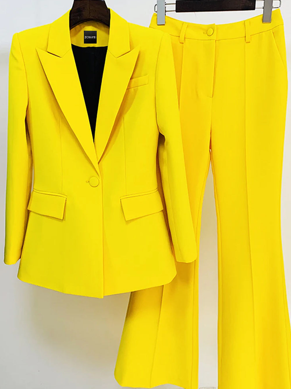 Yellow Notched Lapel Single Button Blazer Flared Pants Set 8