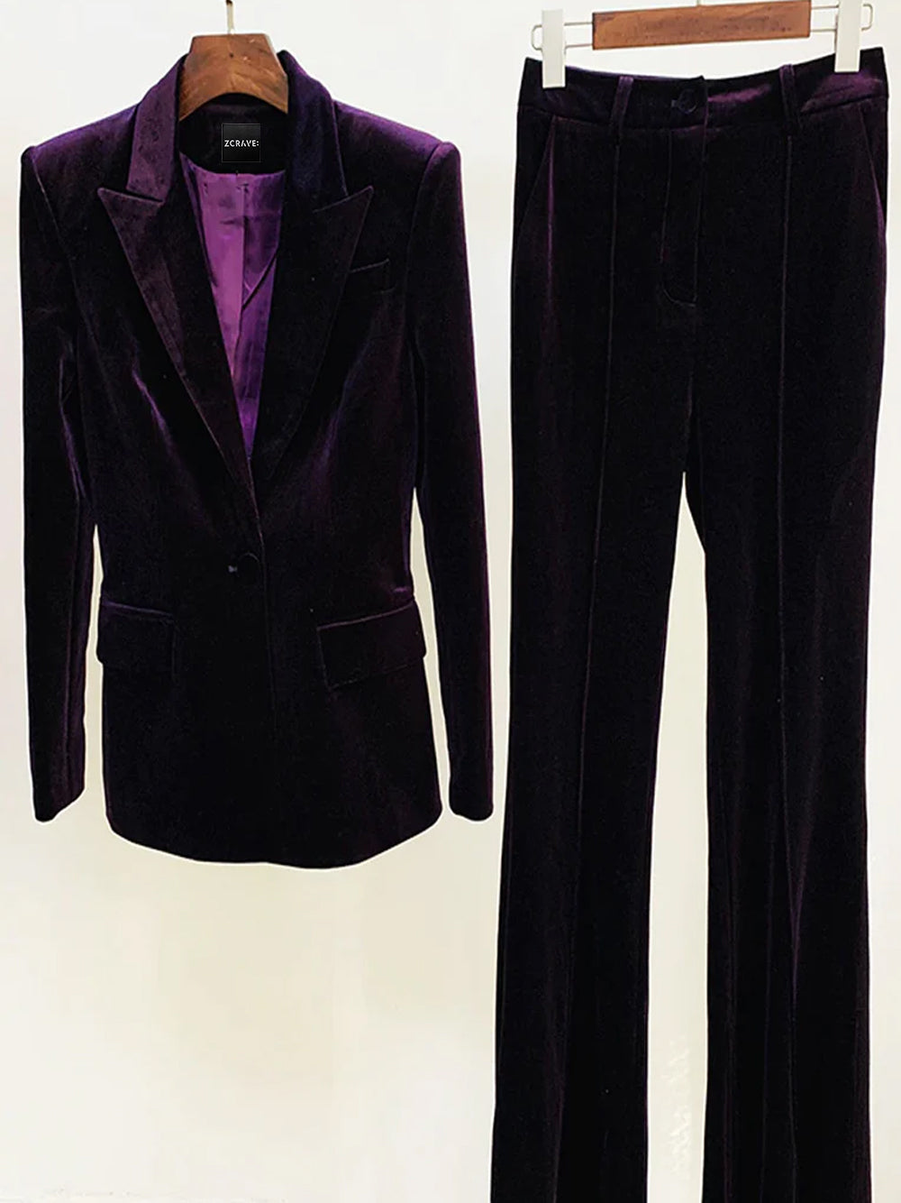 Purple Peak Lapel Velvet Blazer Flared Pants Set