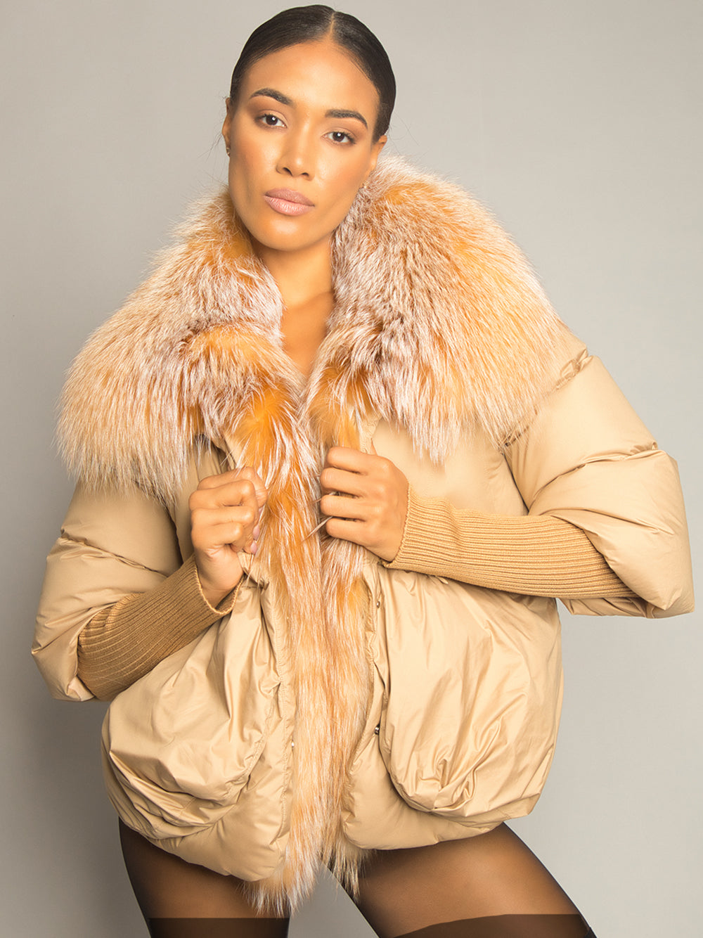 Tan Fur Shawl Collar Ribbed Knit Cuff Puffer Jacket