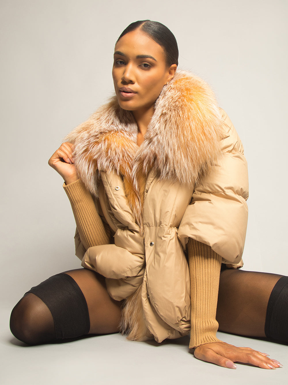 Tan Fur Shawl Collar Ribbed Knit Cuff Puffer Jacket