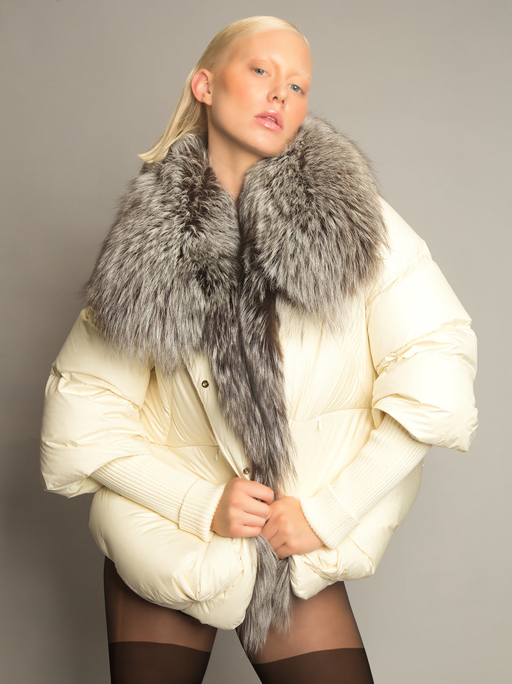 Cream Fur Trim Collar Oversized Puffer Jacket 13
