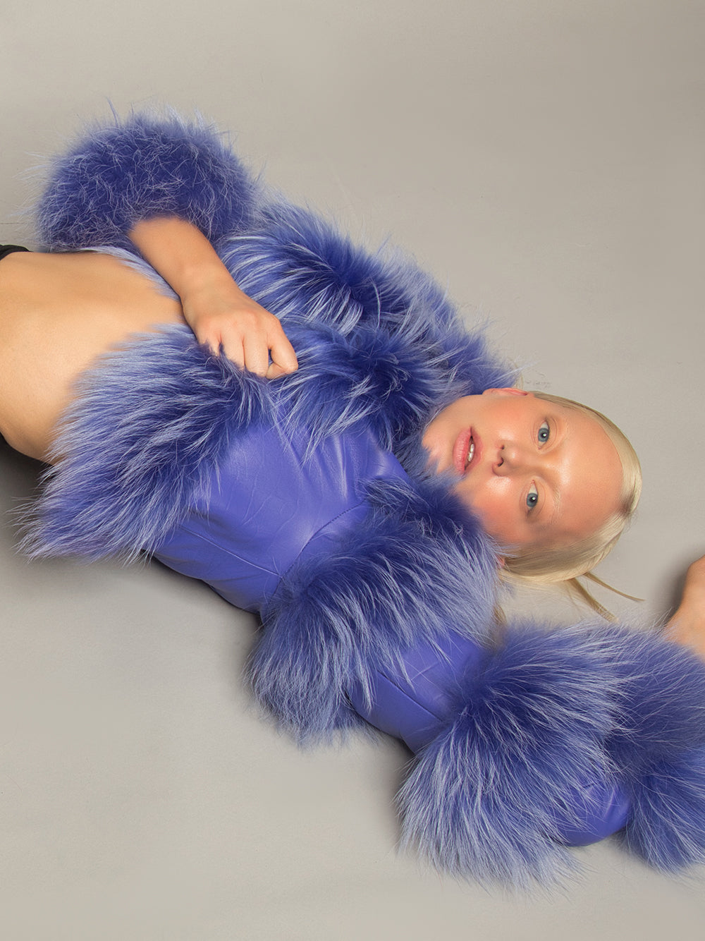 Purple Fur Trim Tiered Panel Leather Cropped Jacket