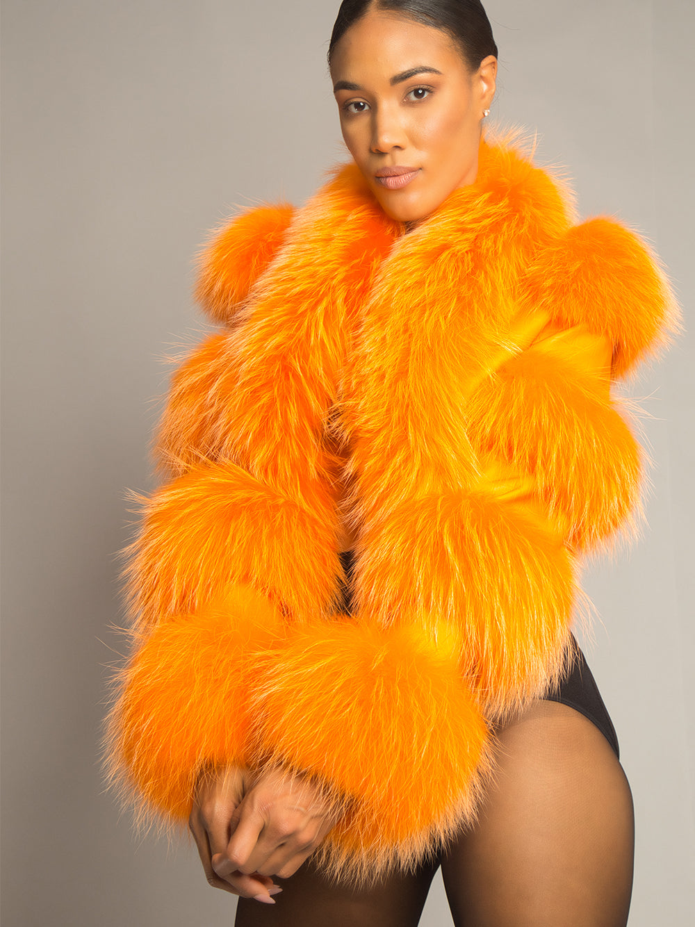 Orange Shaggy Fur Trim Croc Leather Cropped Jacket 12