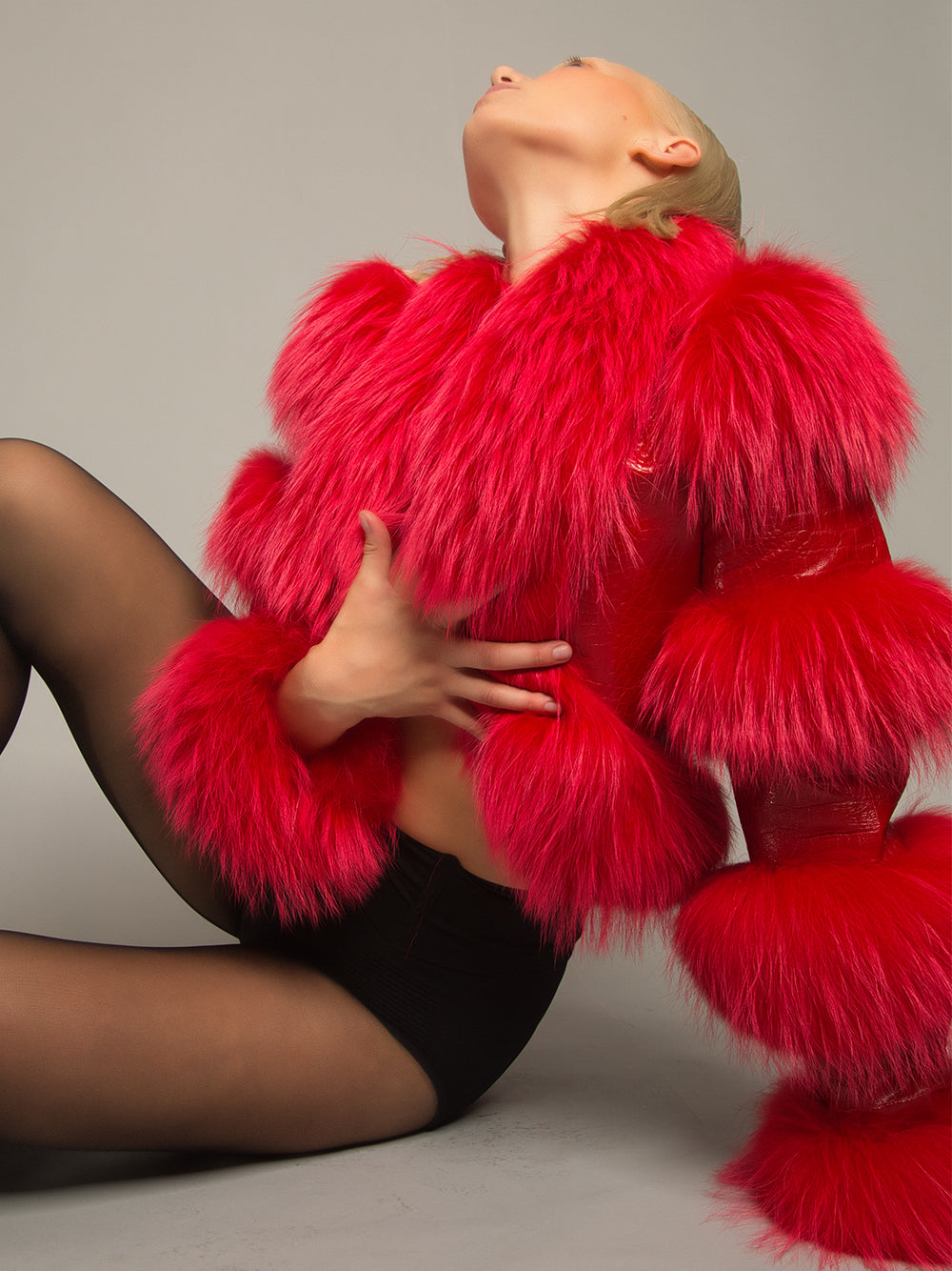 Red Fluffy Faux Fur Panel Leather Cropped Jacket