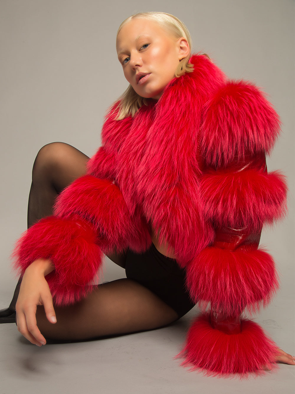 Red Fluffy Faux Fur Panel Leather Cropped Jacket