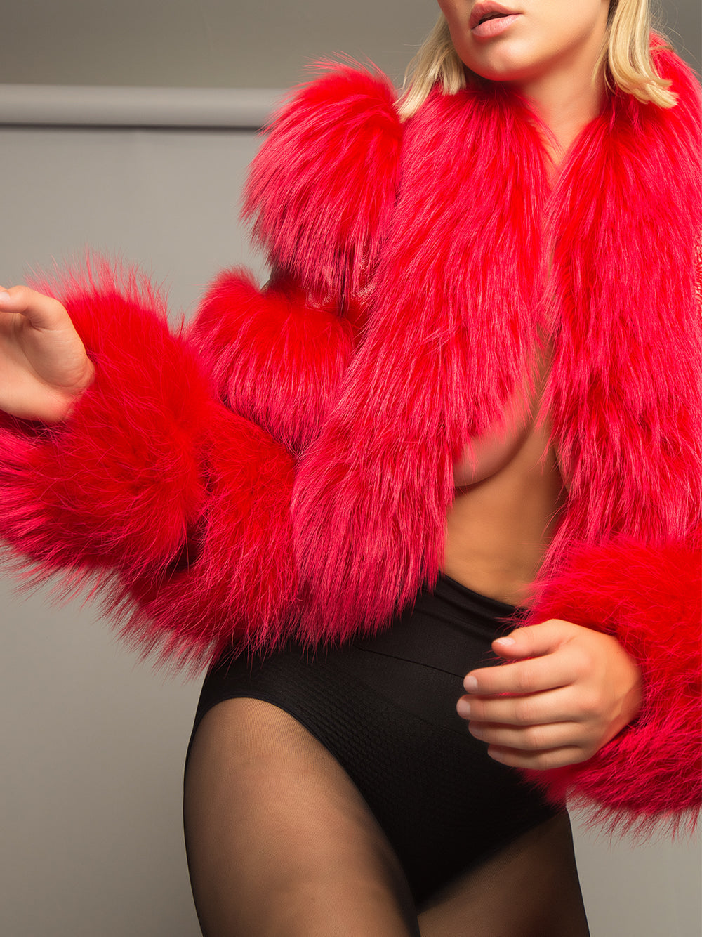 Red Fluffy Faux Fur Panel Leather Cropped Jacket