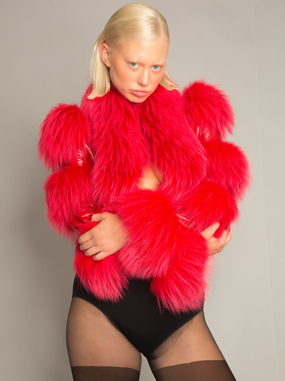 Red Fluffy Faux Fur Panel Leather Cropped Jacket