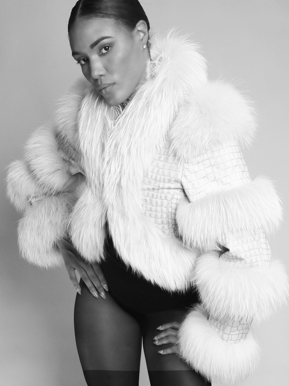 White Faux Fur Trim Croc-Embossed Leather Cropped Jacket 4