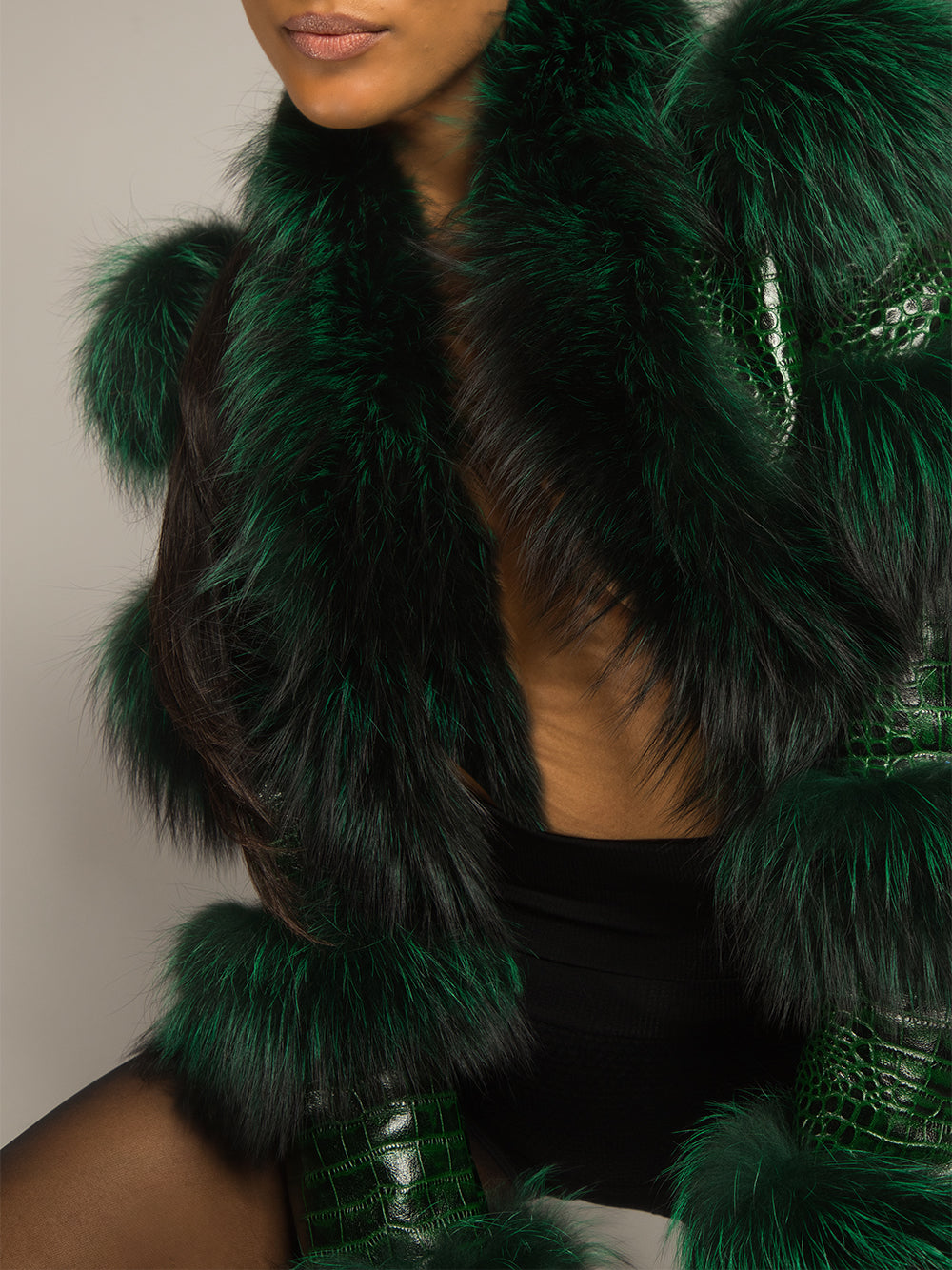 Dark Green Shaggy Fur Trim Glossy Croc Cropped Jacket 5
