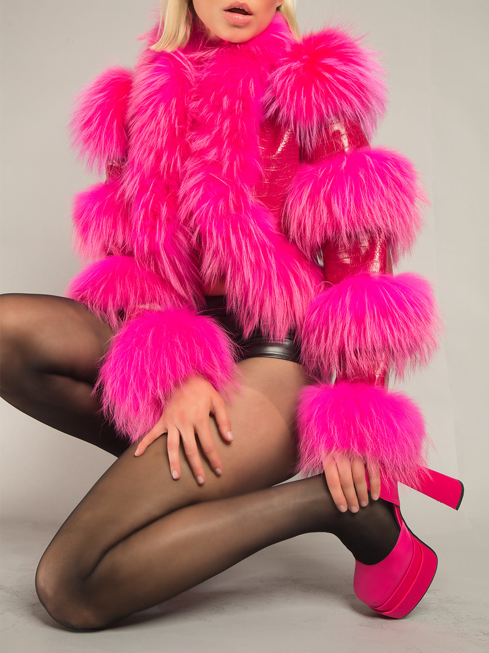 Fuchsia Shaggy Fur Trim Croc Leather Cropped Jacket 2