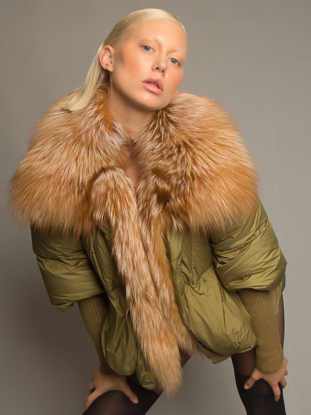 Khaki Fox Fur Shawl Collar Ribbed Cuff Puffer Jacket