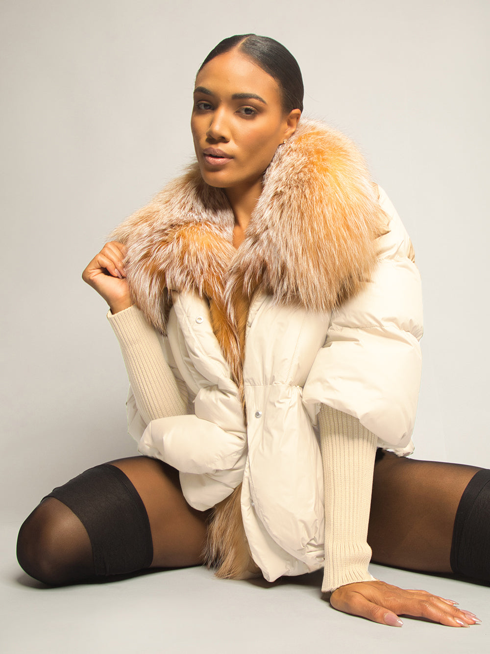Beige Oversized Fur Collar Knit Cuff Down Puffer Jacket