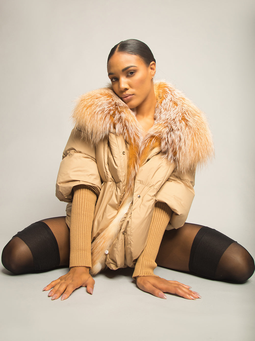 Tan Fur Shawl Collar Ribbed Knit Cuff Puffer Jacket