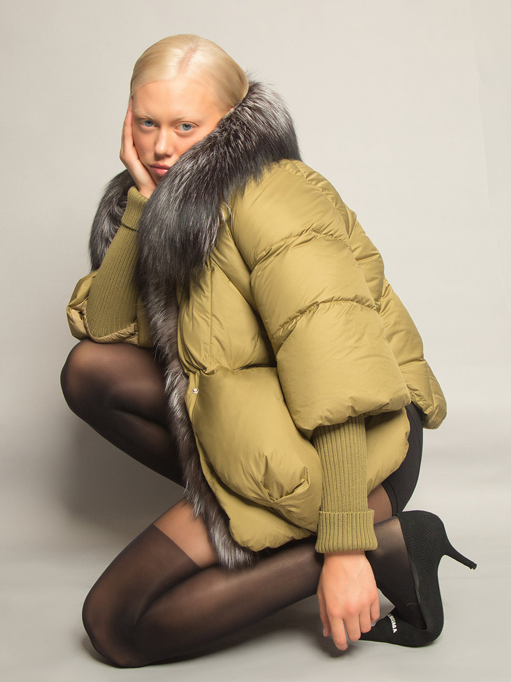 Khaki Oversized Fur Shawl Collar Ribbed Cuff Puffer Jacket